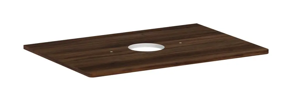 Holzplatte in Dunkelbraun mit mittigem Ausschnitt für Aufsatzwaschtisch. Geeignet für Installation mit Hansgrohe Armaturen.